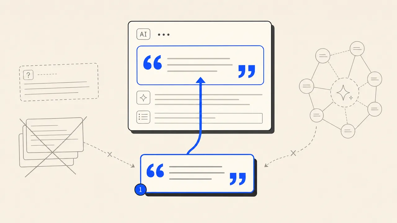 Editorial illustration: a quotable definition card being lifted by an arrow into an AI answer window verbatim