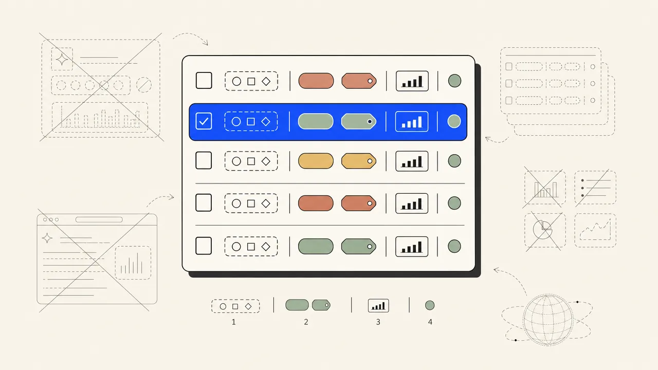 Editorial illustration: a checklist card with rows for schema, entity tags, stat citations and a freshness dot, one row highlighted
