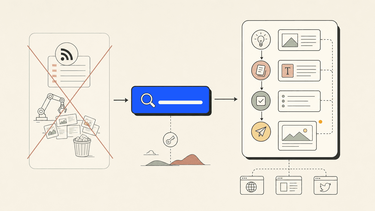 Illustration of a fast autoblogging workflow producing multiple draft cards