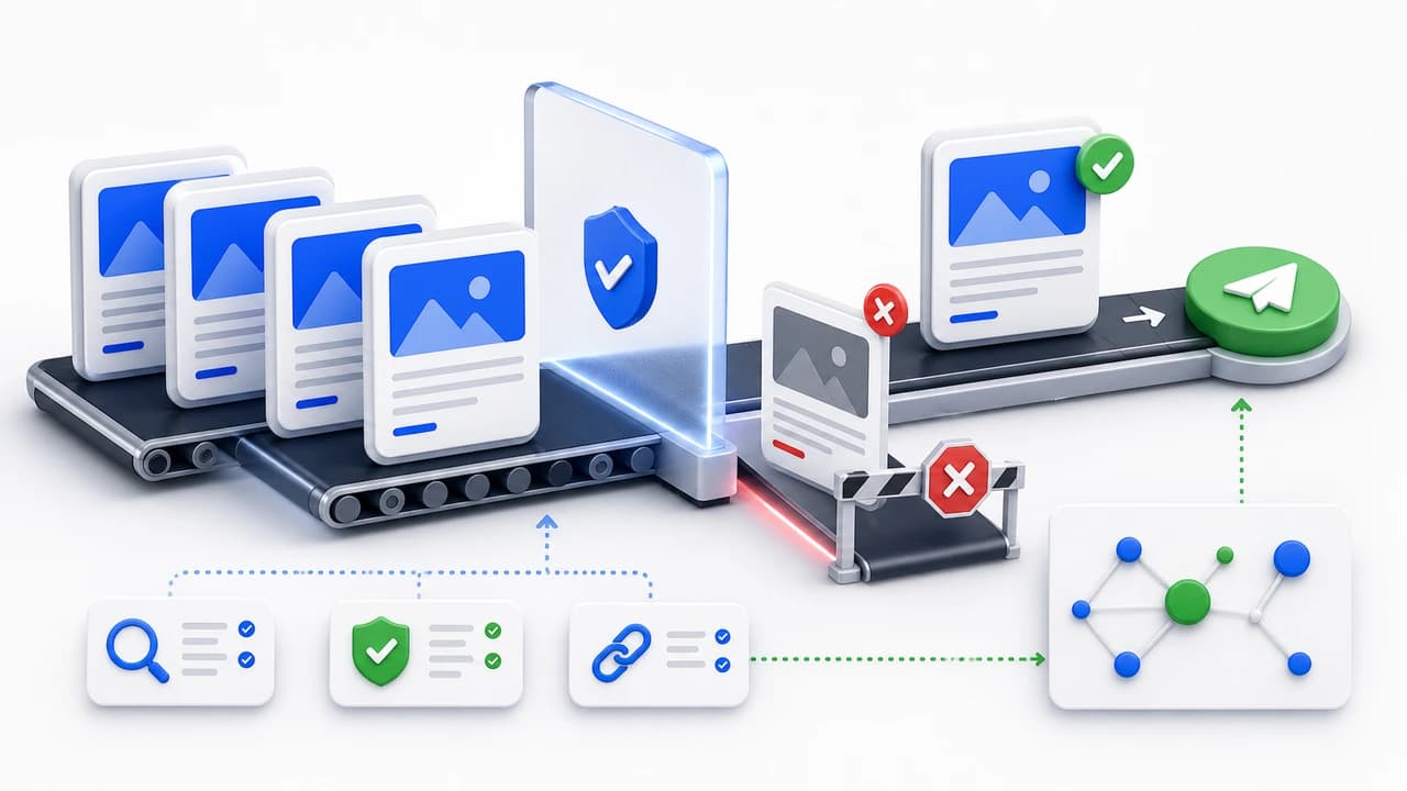 Illustration of an autoblogging workflow with missing checks before the publishing step