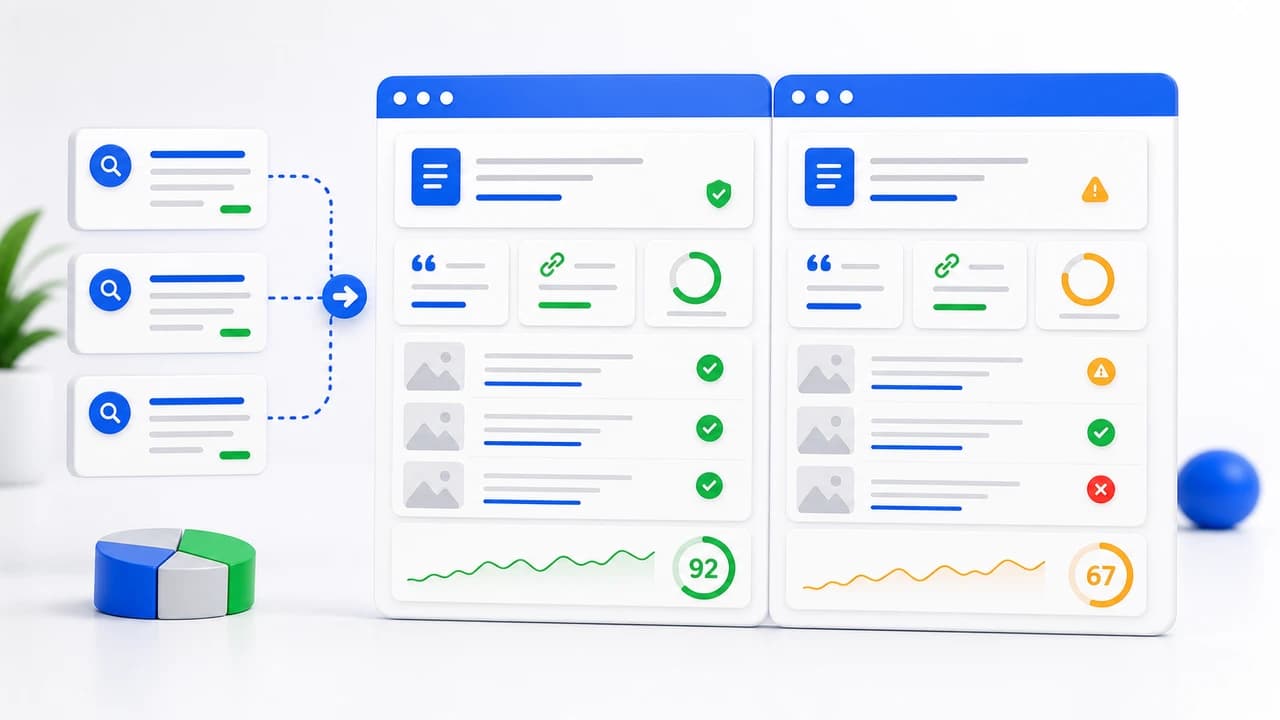 Illustration of a full SEO publishing system with keyword, citation, quality, and publishing checkpoints