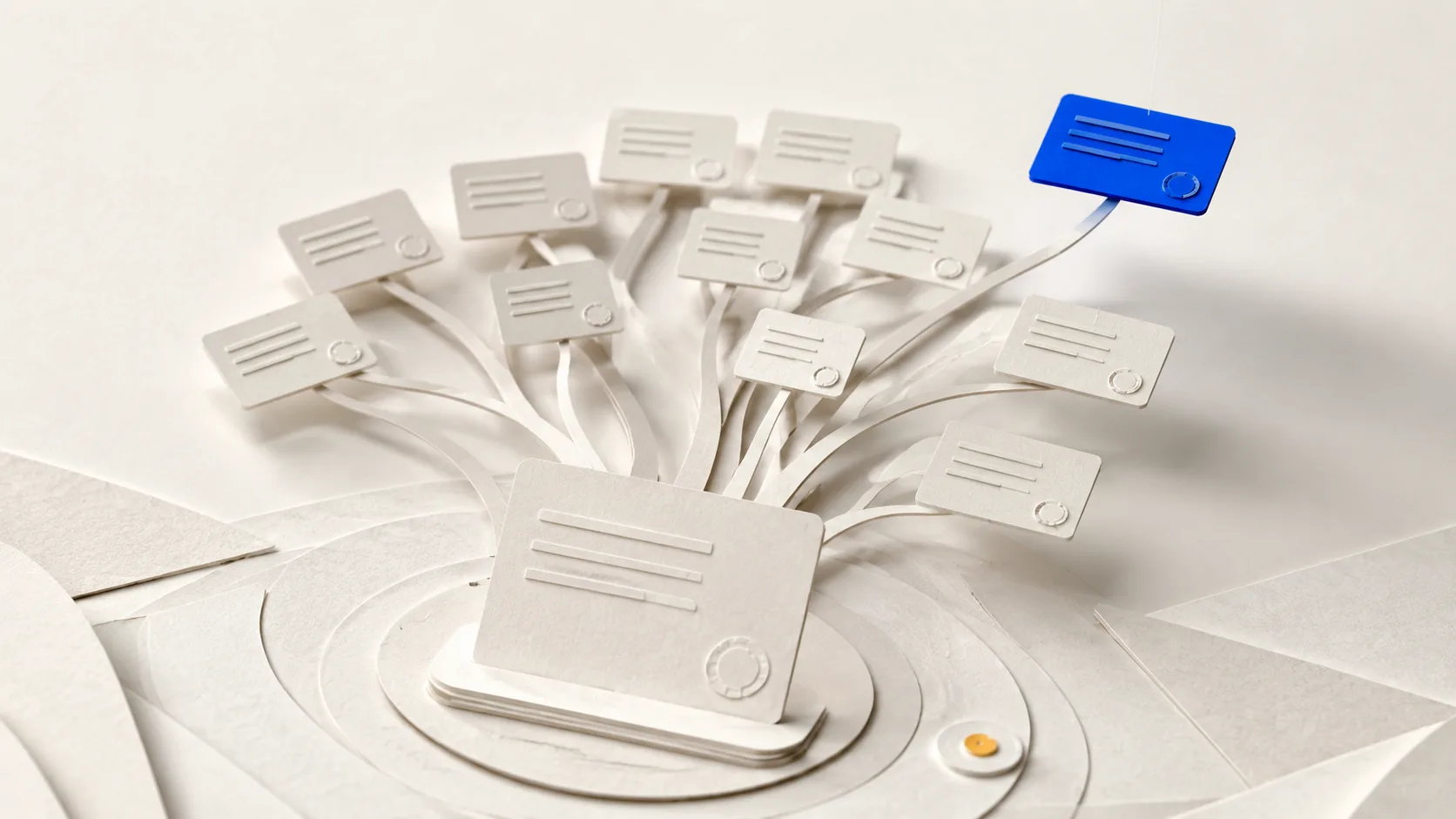 Editorial illustration: a question card branching into a dozen sub-question cards, one branch tip highlighted