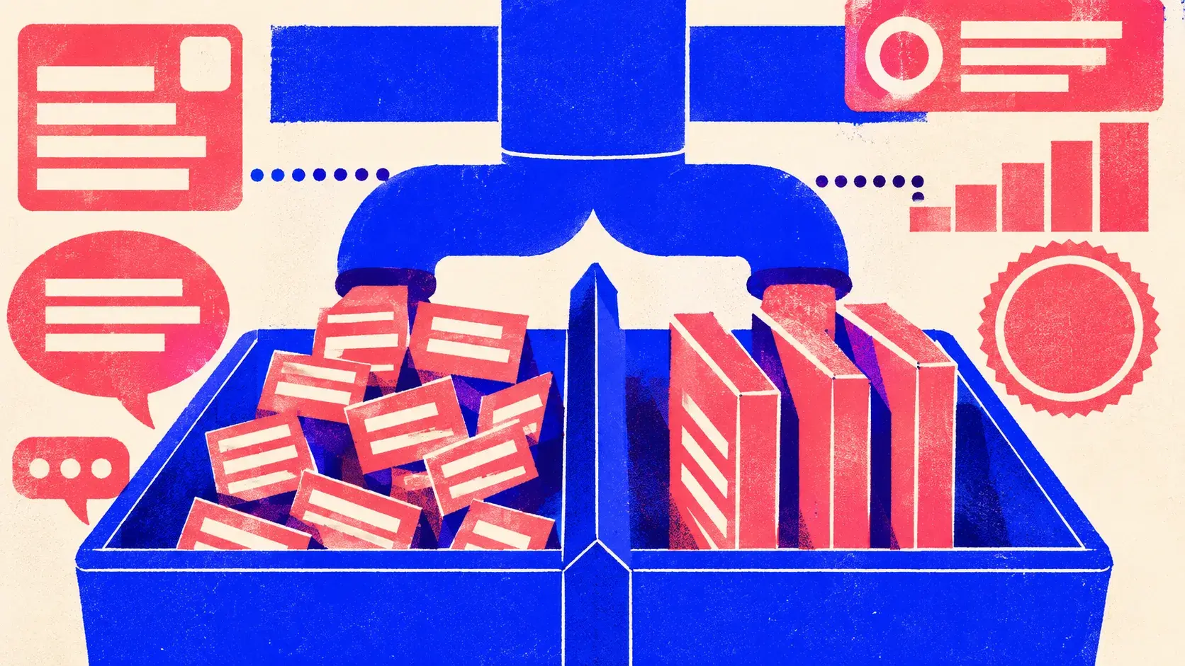 Editorial illustration: one feed splitting into a bin of short copy blocks and a bin of tall article slabs