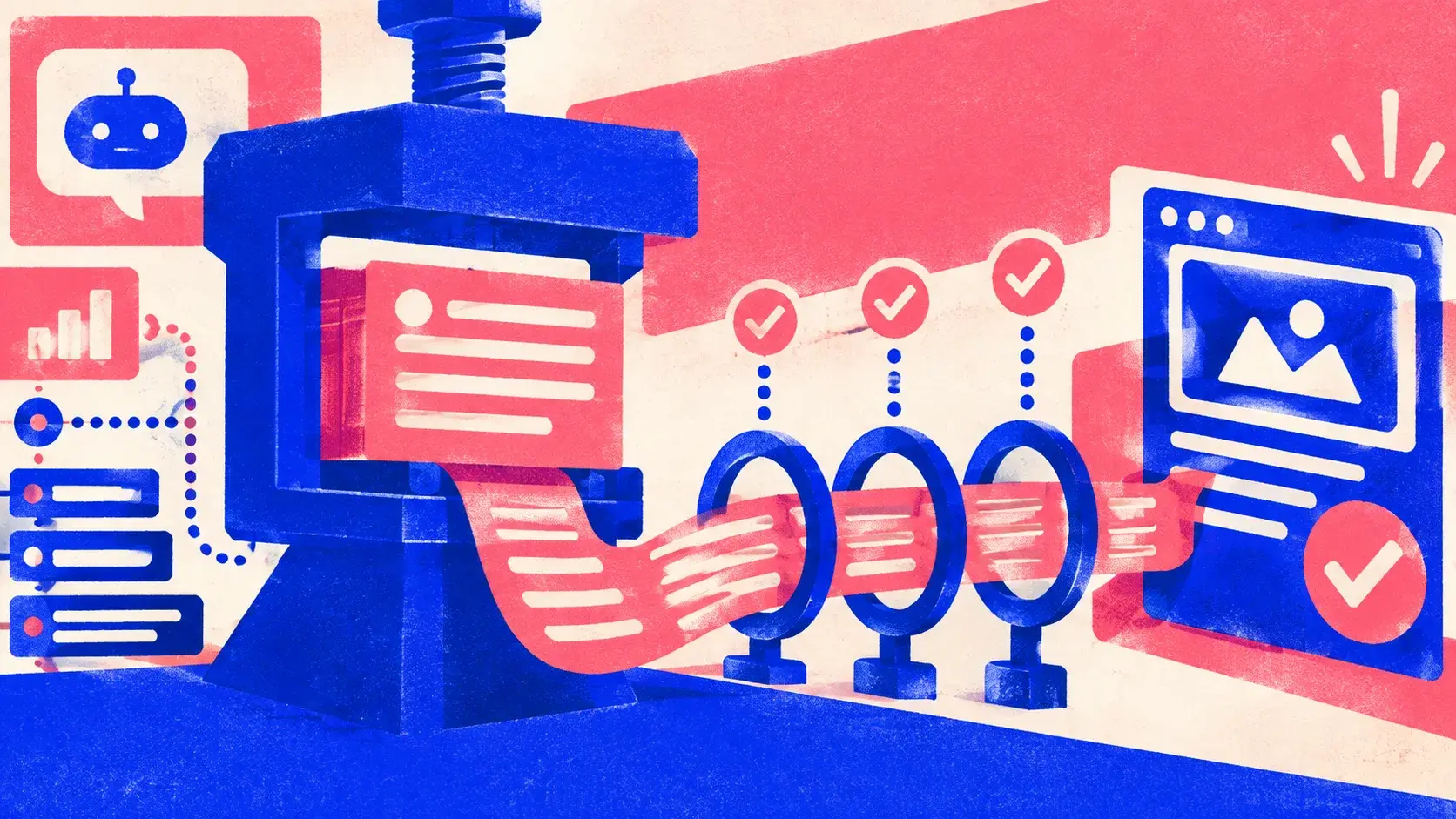 Editorial illustration: a draft pressed into a ribbon that passes through three inspection rings before reaching a finished panel