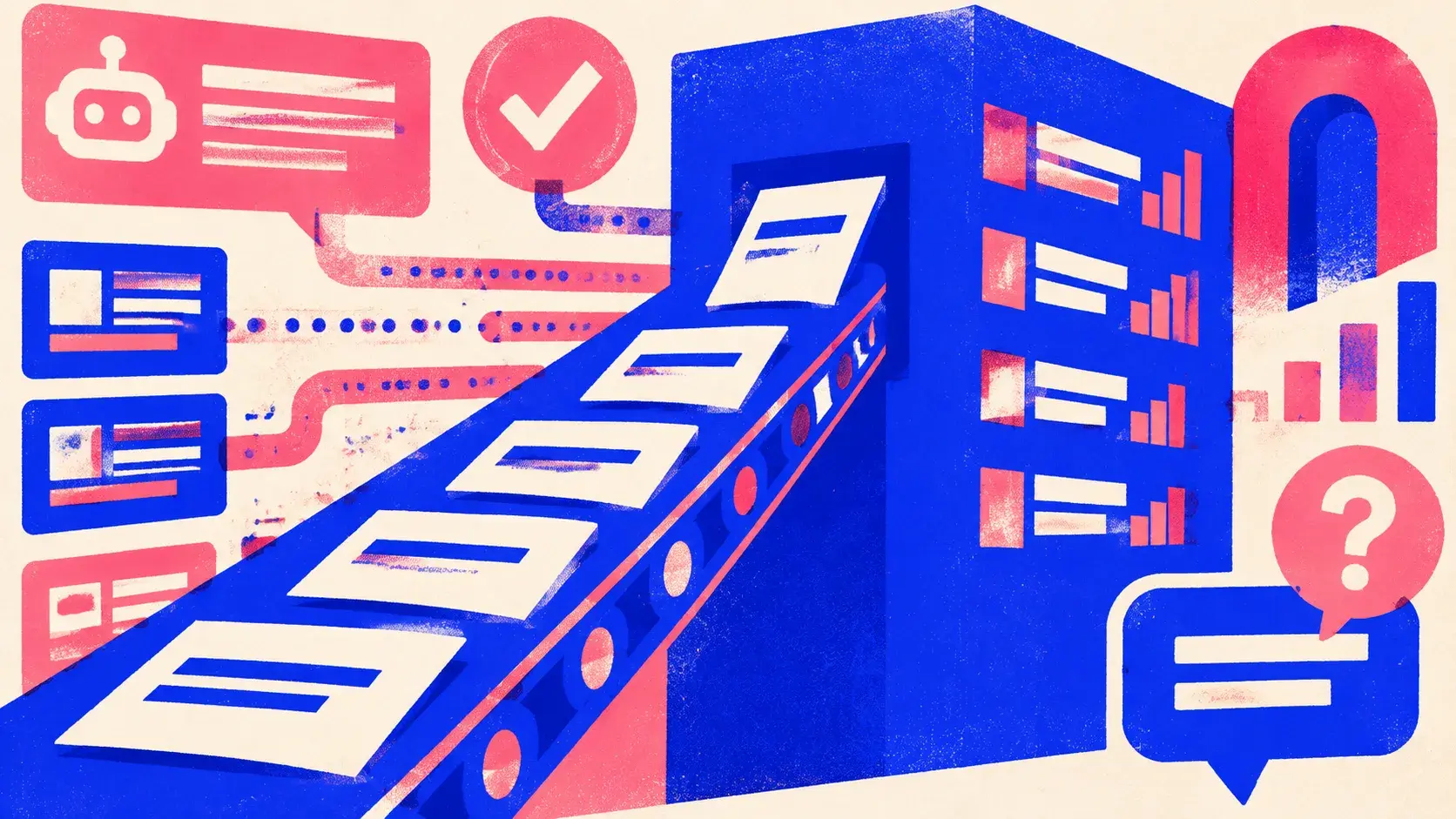 Editorial illustration: a conveyor of finished page slabs climbing into a slot cut in a result board