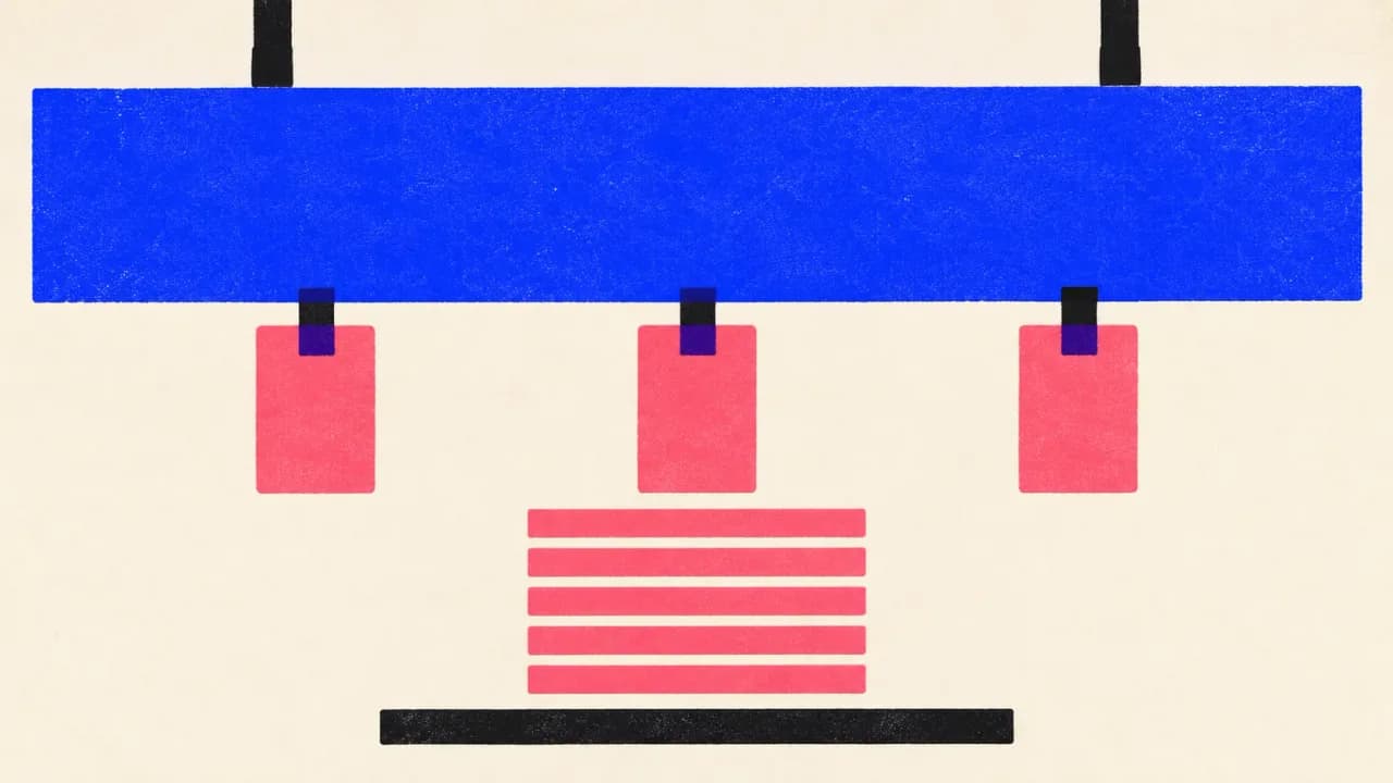 Editorial illustration: one wide slab hanging above a short stack of bars, with three tags hanging from its edge, showing an AI Overview sitting above the results and citing a few sources