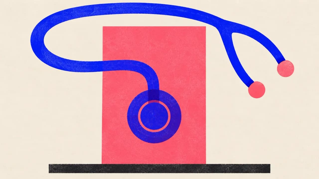 Editorial illustration: a stethoscope pressed against a single panel, showing a tracker listening to one keyword on a schedule
