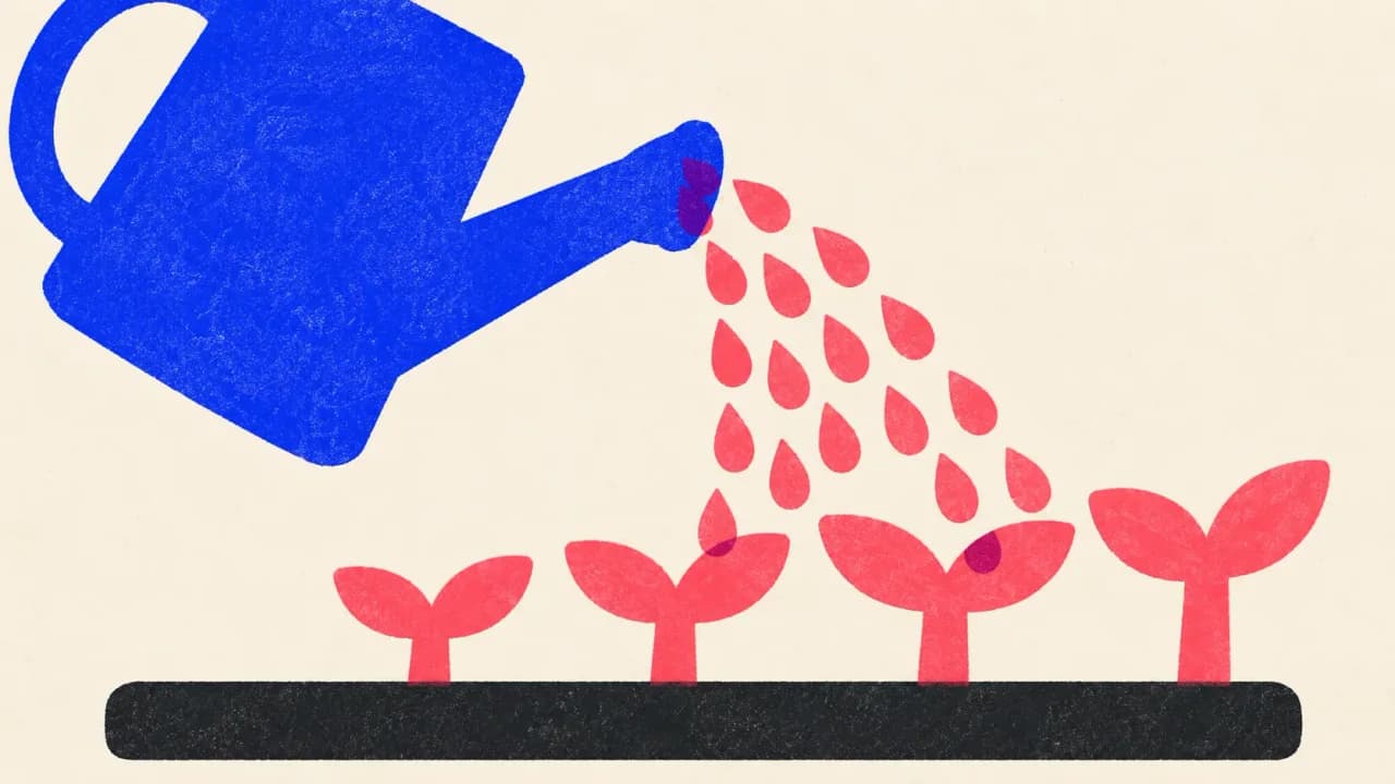 Editorial illustration: a watering can pouring onto a row of seedlings, showing that publishing is what makes the tracked line grow