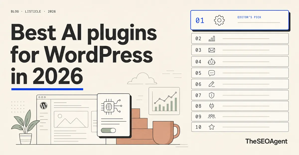 Ten AI plugin tiles docked beside a WordPress admin sidebar