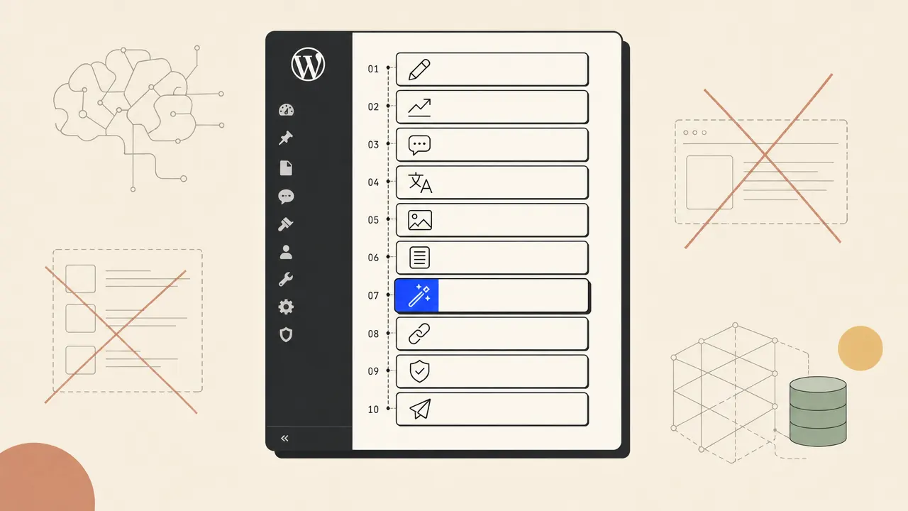 Ten AI plugin tiles docked beside a WordPress admin sidebar, one highlighted