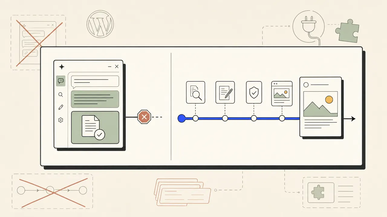 An assistant panel ending at a draft next to a continuous rail ending at a published post