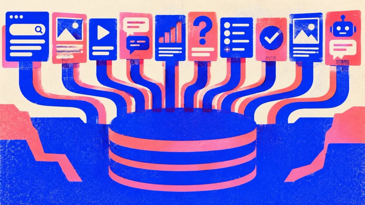 Editorial illustration: ten different search panels all drawing from one shared index reservoir underneath