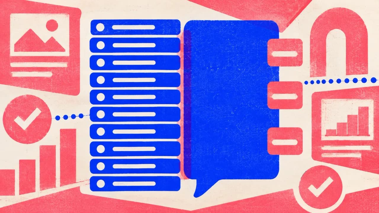 Editorial illustration: ten thin link bars on one side, a single answer block with citation chips on the other