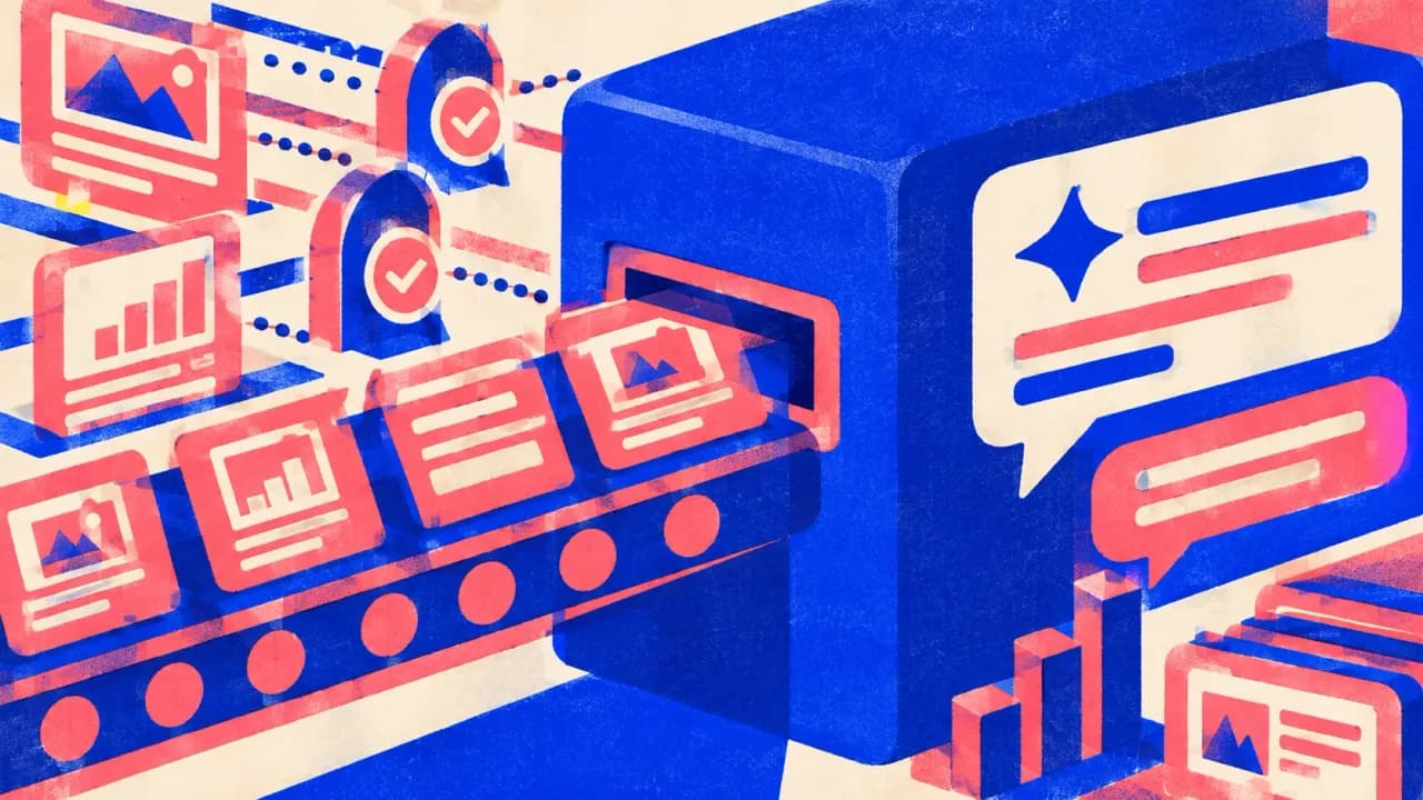 Editorial illustration: article cards travelling on a conveyor into a citation slot in an answer block