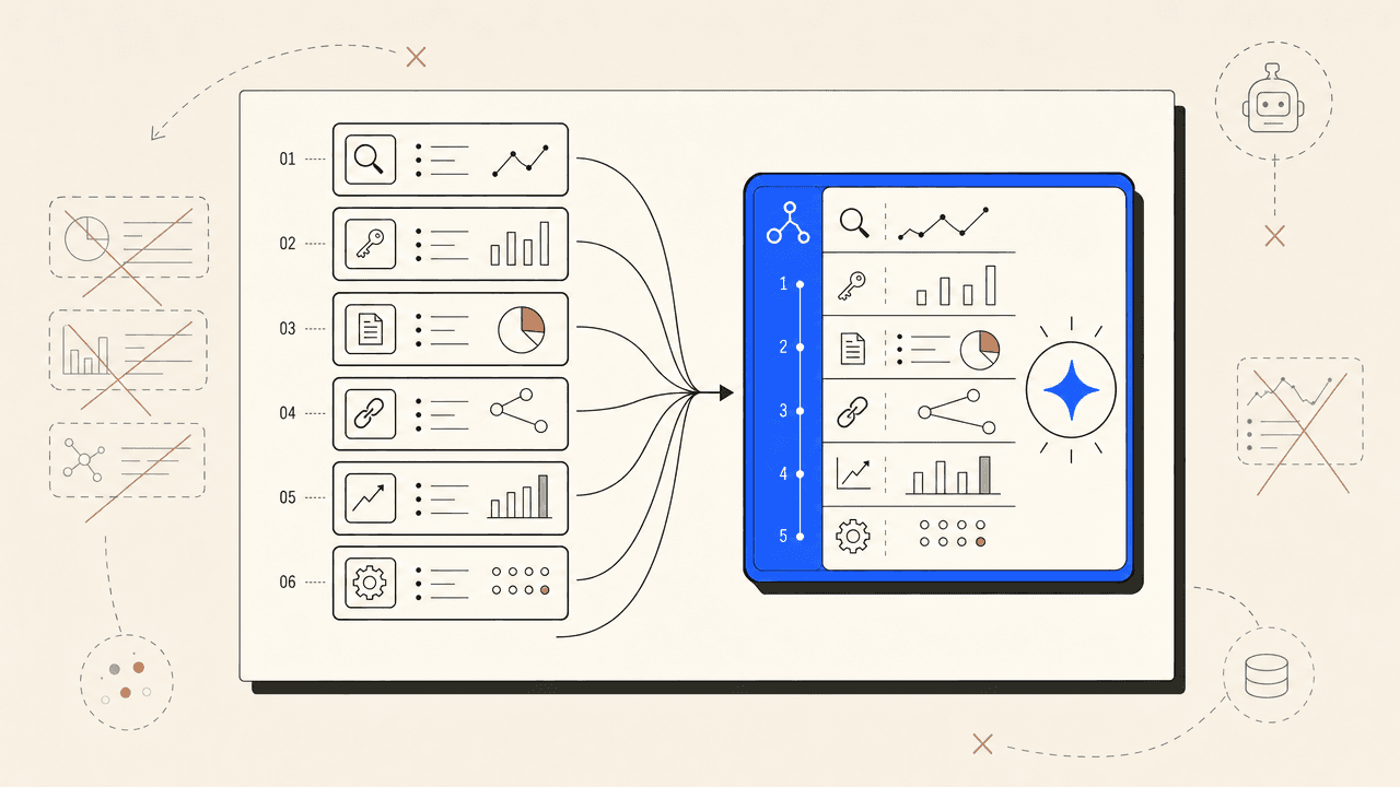 Editorial diagram of an AI SEO stack collapsing from five separate tools into a single pipeline.