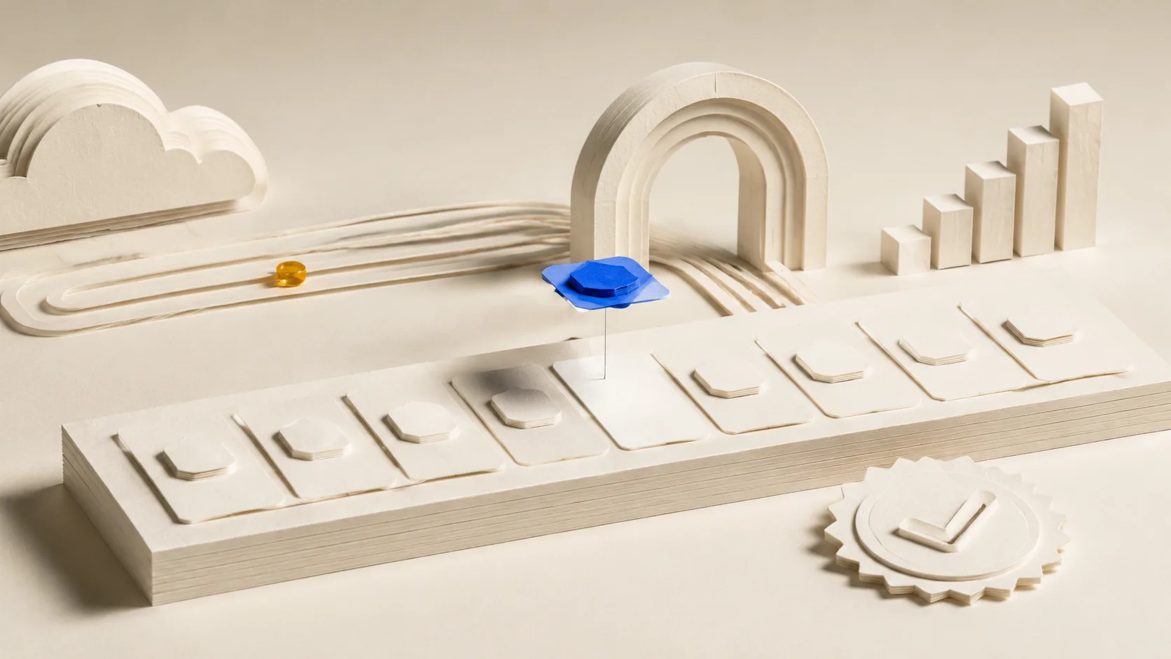 Editorial illustration: a row of assistant answer panels each holding a brand chip, with one chip raised above the rest to show share of voice being measured