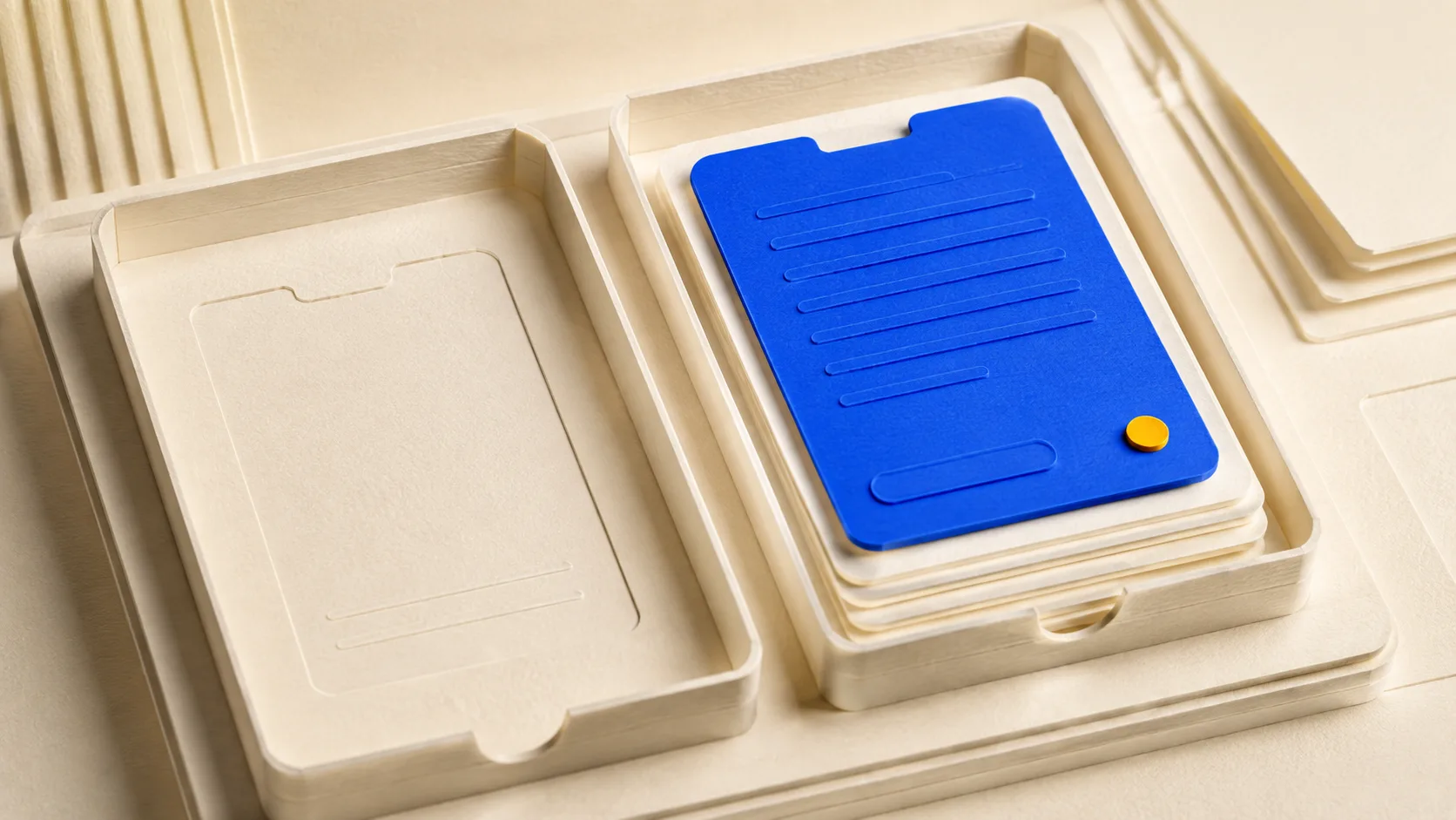 Editorial illustration: an empty tray beside a stacked tray of article cards, contrasting a flat visibility line with published coverage
