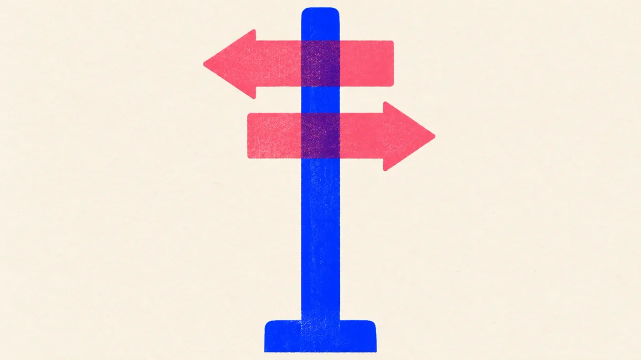 Editorial illustration: one signpost with two arrow boards pointing opposite ways, standing for ChatGPT's two writing surfaces, Chat and Work