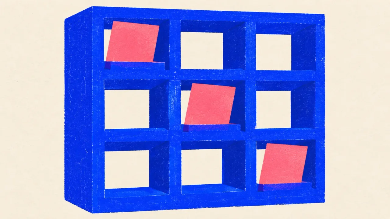 Editorial illustration: a pigeonhole sorting rack with three cards slotted into different cubbies, standing for routing each writing job to a different model