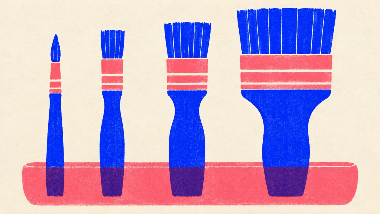 Editorial illustration: four paintbrushes of increasing width standing in one trough, one brush per kind of writing job