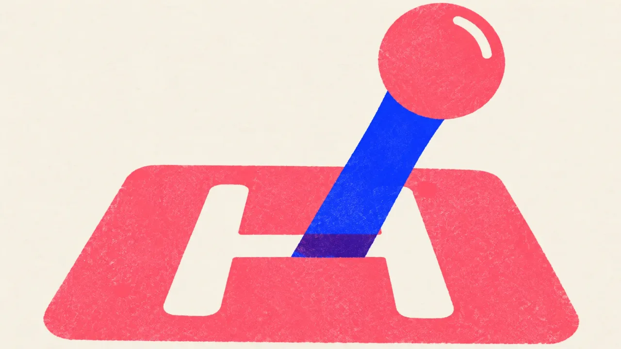 Editorial illustration: a gear-shift lever in its gate plate, standing for the switch between a faster model and a stronger one