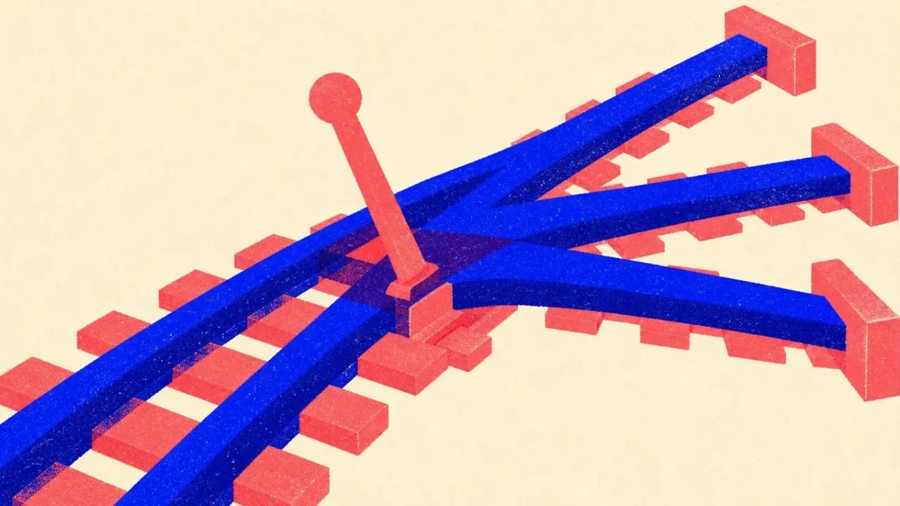 Editorial illustration: one railway track splitting at a switch into three branches, standing for routing each writing job to a different model
