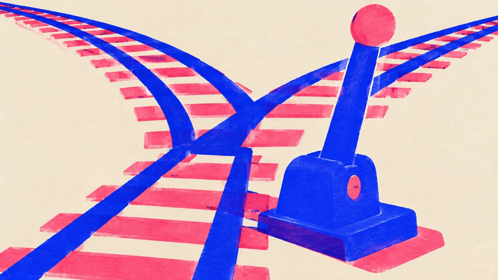 Editorial illustration: a railway points lever beside one track splitting into two