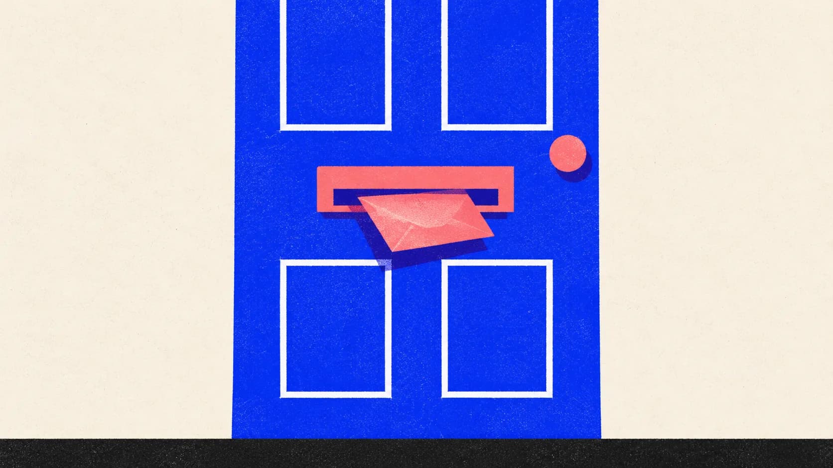 Editorial illustration: a front door letterbox with one envelope pushed halfway through