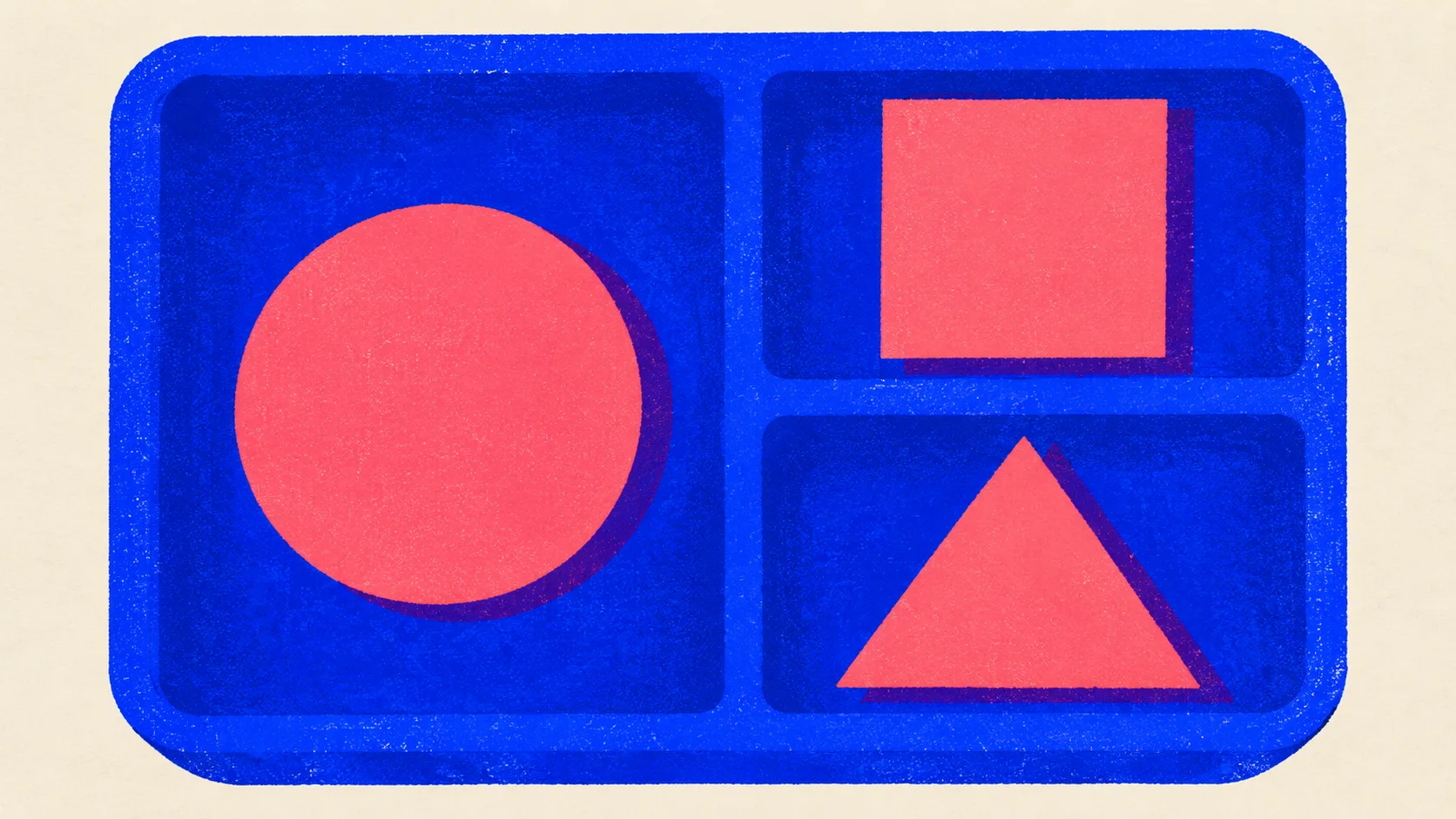 Editorial illustration: a bento box with three compartments, each holding a different shape, standing for routing each writing job to its own Gemini model