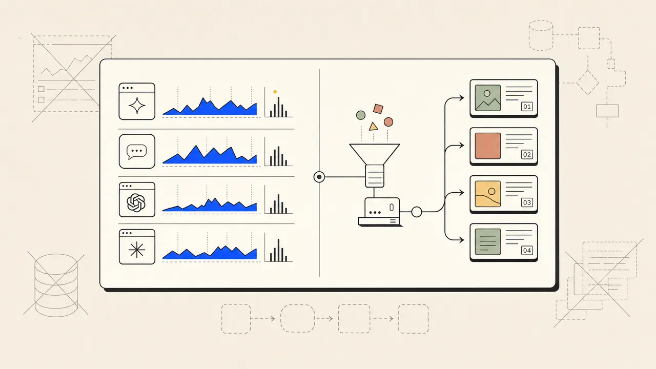 Editorial illustration: a monitoring dashboard on one side and a content pipeline emitting citation-stamped articles on the other, connected by a rail