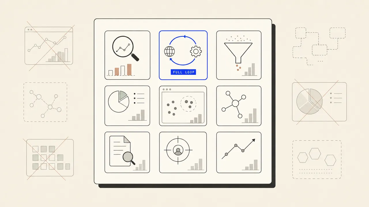 Editorial illustration: nine tool tiles in a grid, one highlighted with a FULL LOOP label while the others are dimmed
