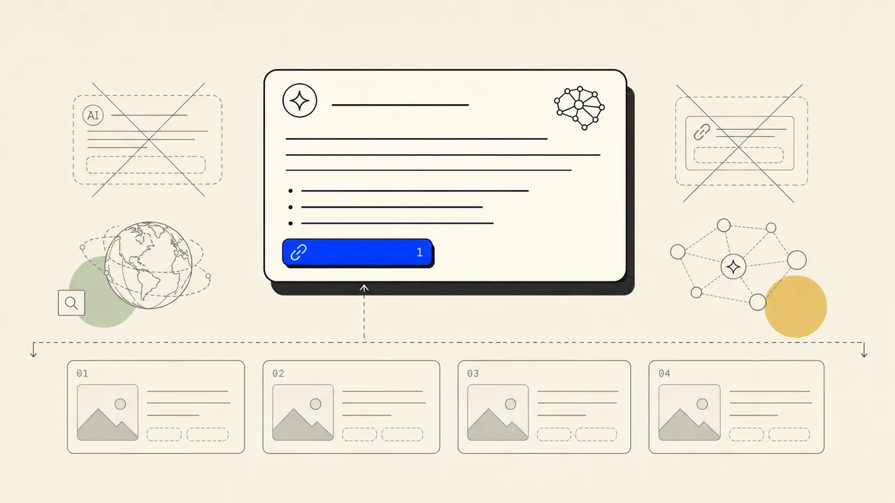 Editorial illustration: an AI answer window with one cited source chip highlighted above a row of uncited article tiles
