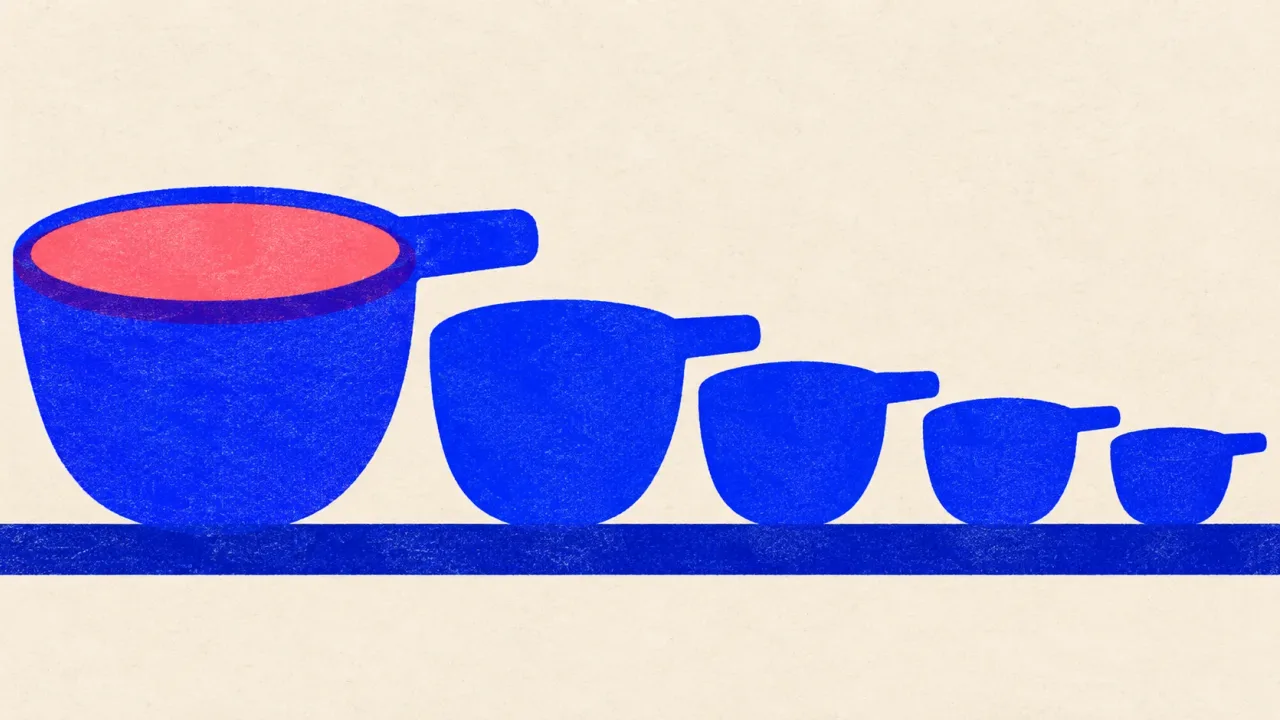 Editorial illustration: a row of measuring cups from large to small, standing for one model per writing job, sized to the job