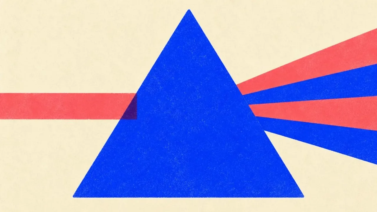Editorial illustration: a glass prism splitting one beam into separate bands, standing for one brief compared across models