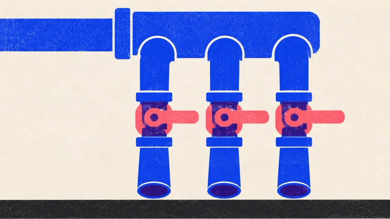 Editorial illustration: a pipe manifold splitting one feed into three valved pipes, standing for routing each writing job to its own model