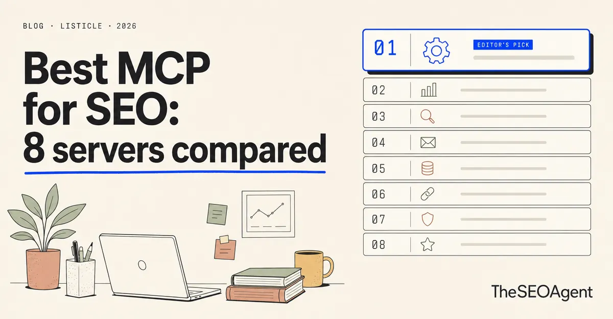 Eight SEO MCP server tiles feeding research data into an assistant