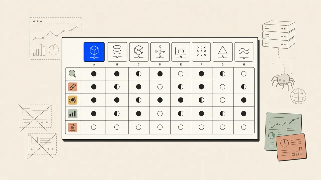 Comparison board for eight MCP servers across SEO data jobs