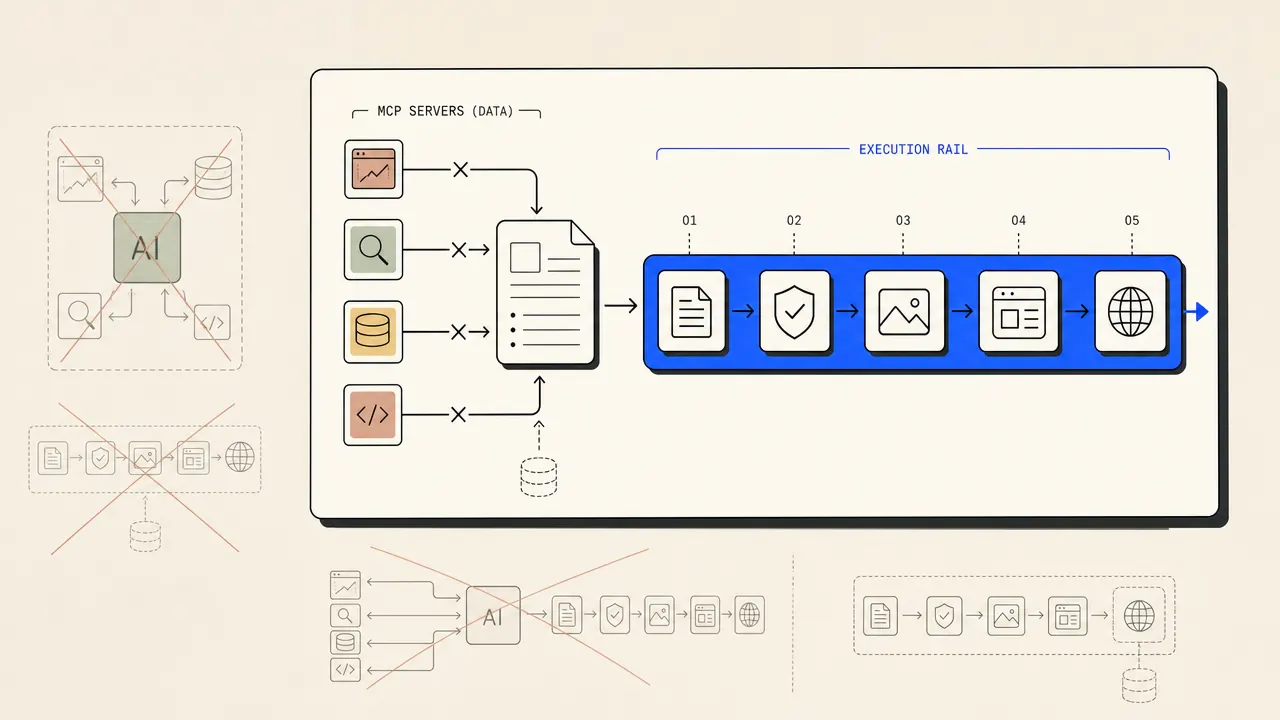 Several SEO data pipes ending at a brief before a publishing workflow begins