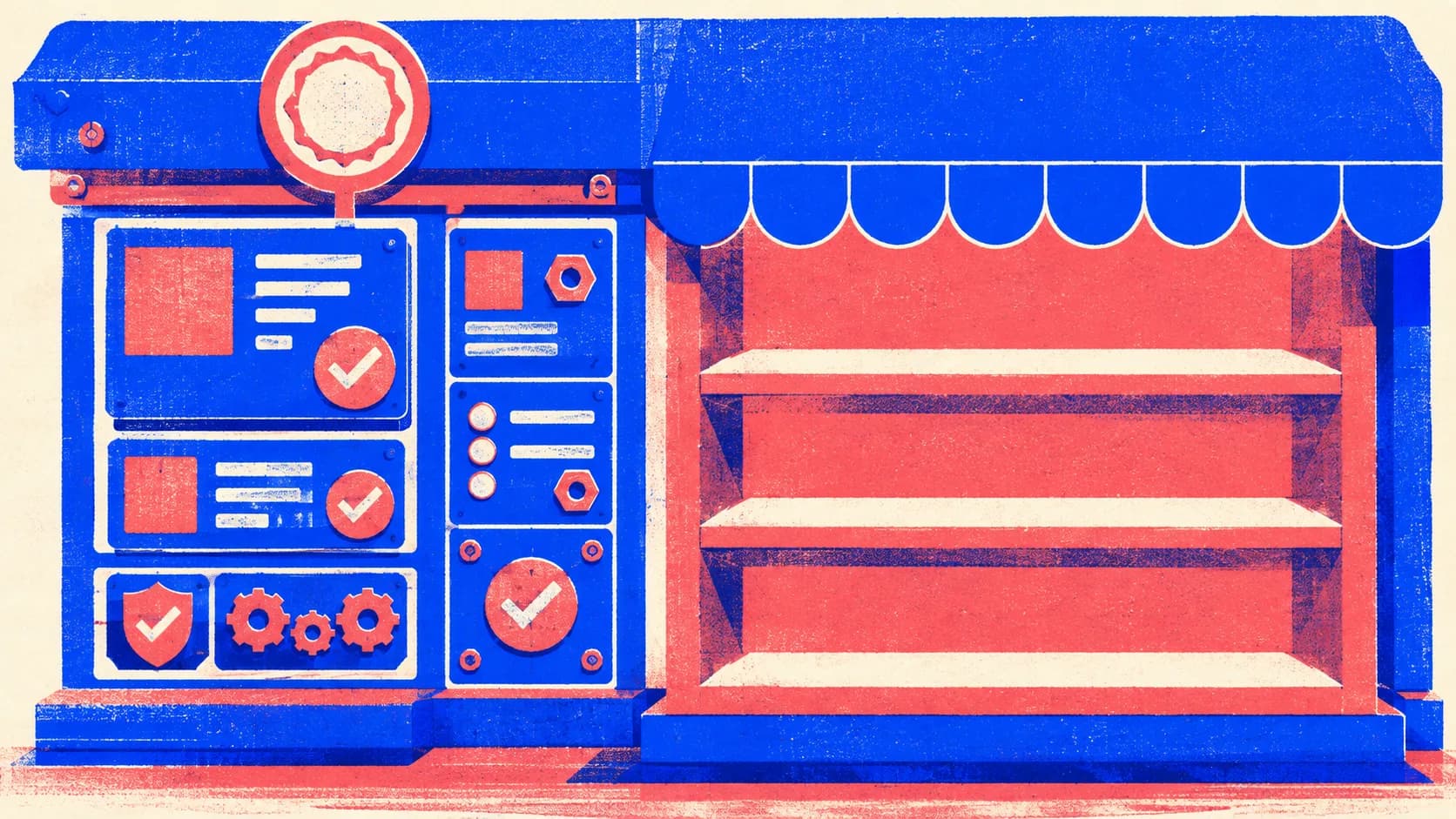 Editorial illustration: a patched-up storefront panel beside an empty blog shelf