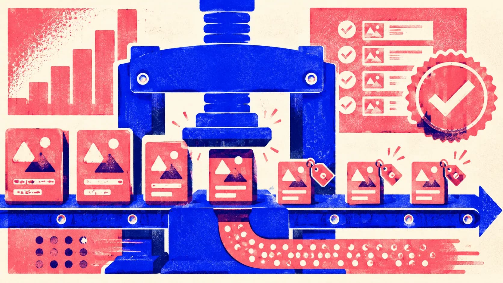 Editorial illustration: product tiles passing under a compression press and emerging tagged