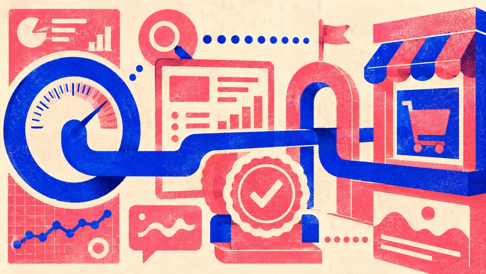 Editorial illustration: one continuous rail running from research through a gate into a storefront