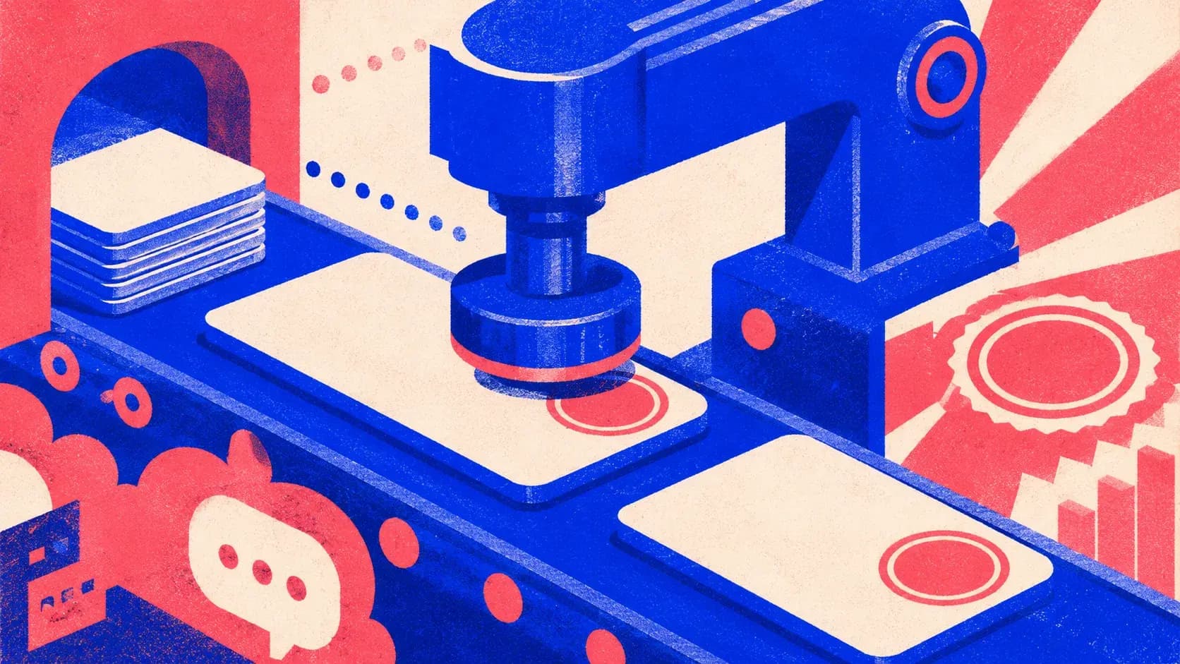 Editorial illustration: a press stamping a plain badge onto blank panels moving along a line