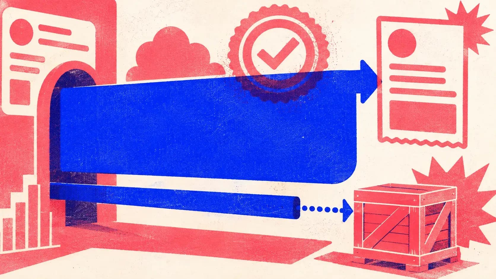 Editorial illustration: a thin wholesale cost bar sitting under a much thicker retail price bar