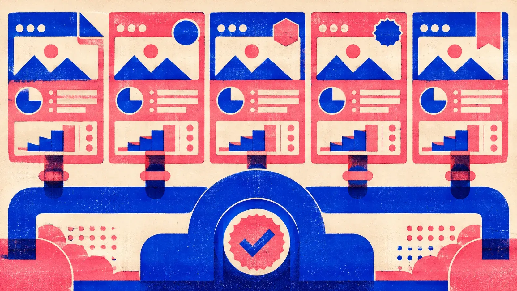 Editorial illustration: a row of client dashboards with different badges fed by one shared pipe