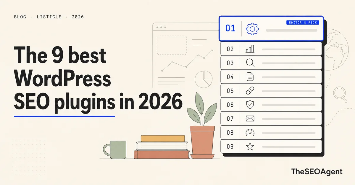 Nine WordPress SEO plugin tiles compared across free tier, pricing, and site limits