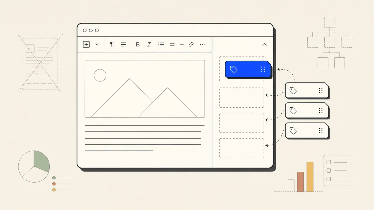A WordPress post editor sidebar receiving meta title, description, sitemap, and schema chips