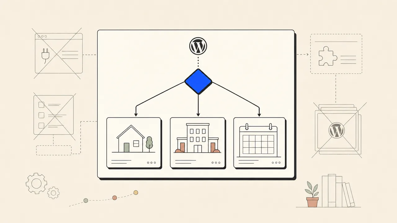 A decision tree branching into single site, agency portfolio, and empty publishing calendar
