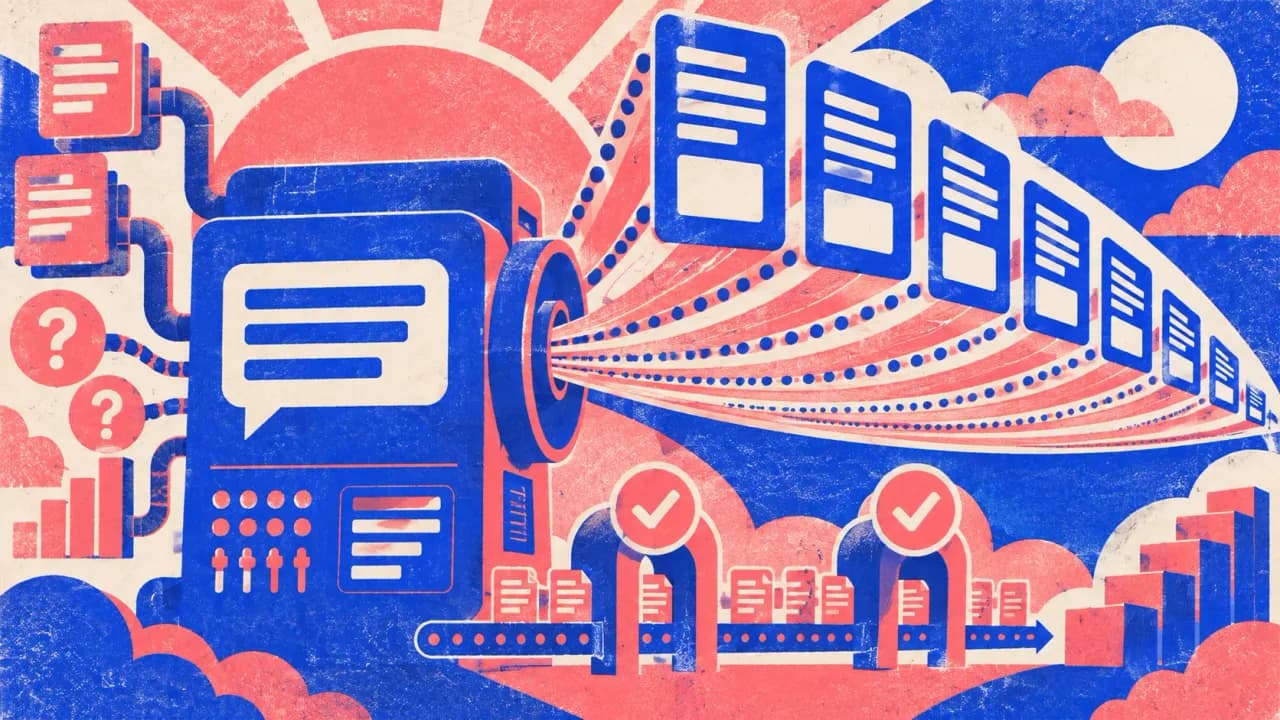 Illustration of one console fanning identical content tiles outward across many channels