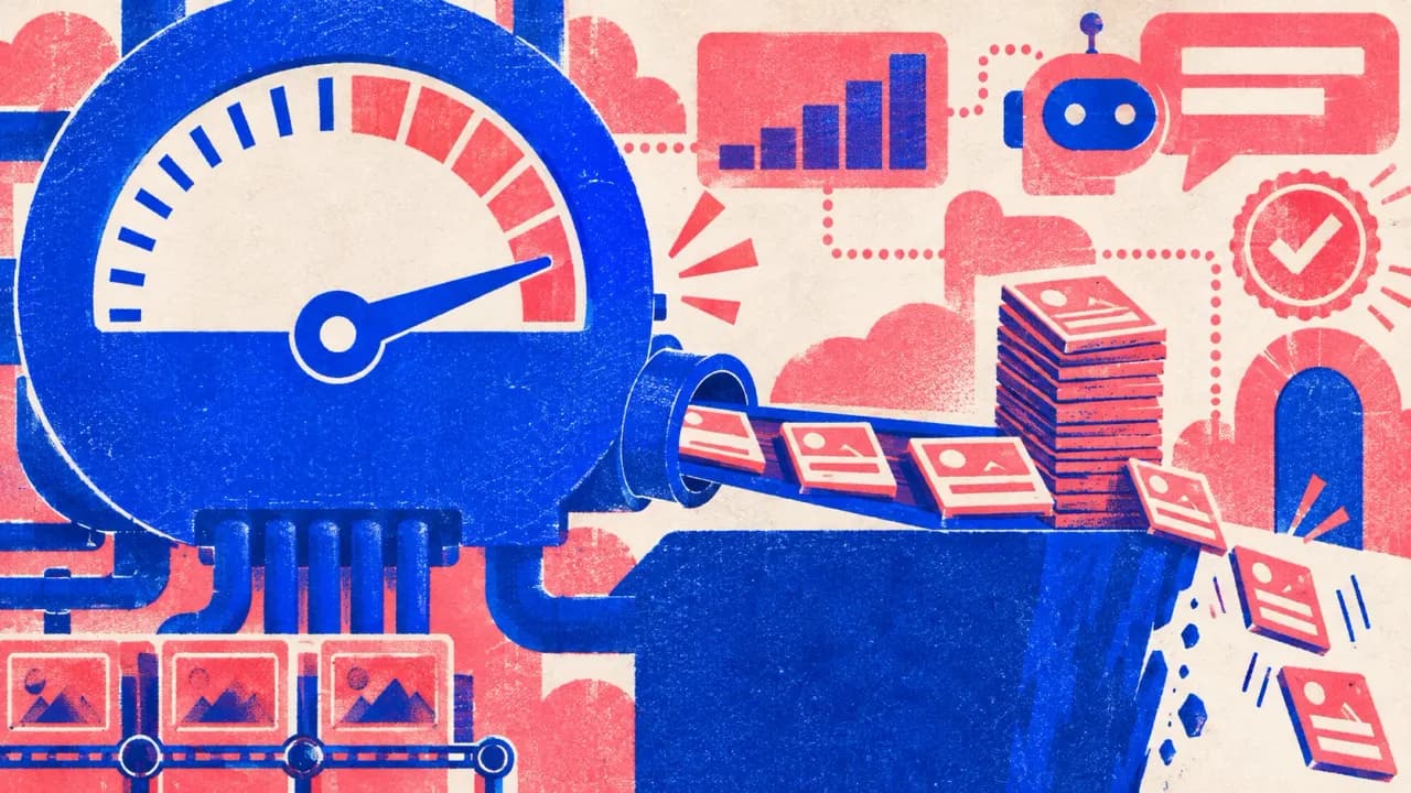 Illustration of a credit meter draining into a stack of generated posts, with items falling off the edge