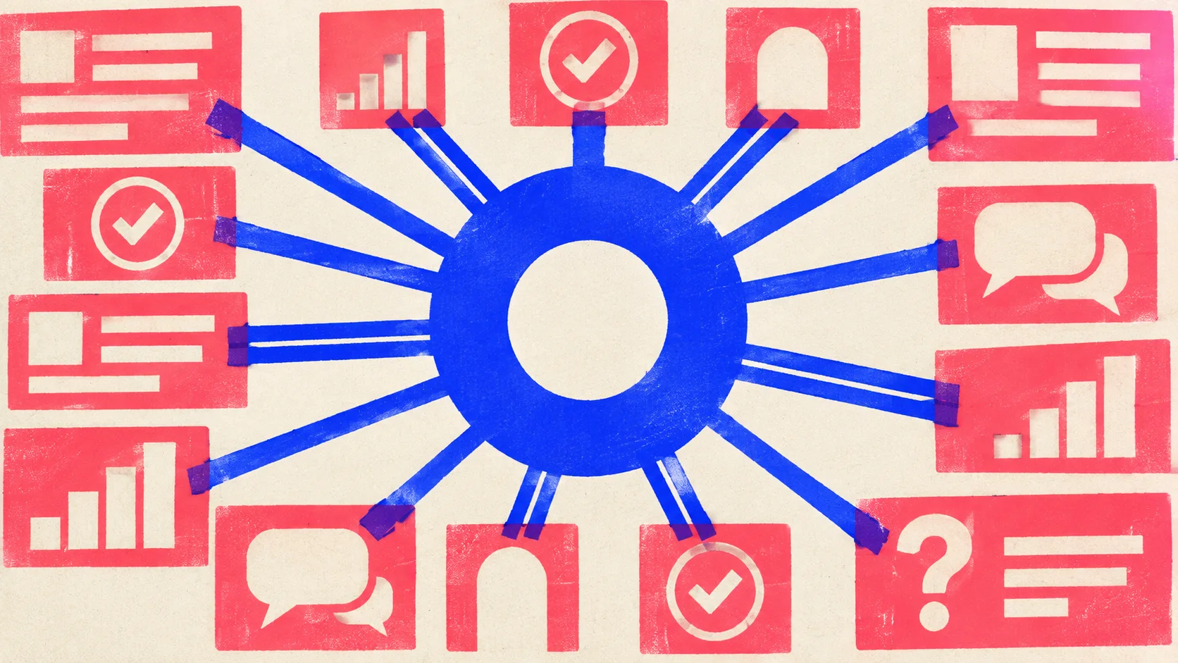 Editorial illustration: one heavy central ring node with thick spokes running out to many smaller article blocks, showing a hub page wired to its cluster in both directions